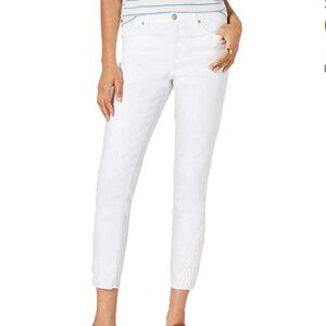 Style & Co Skinny Ankle Pant Crochet Detail Split Hem White Jeans 10P Petite 10